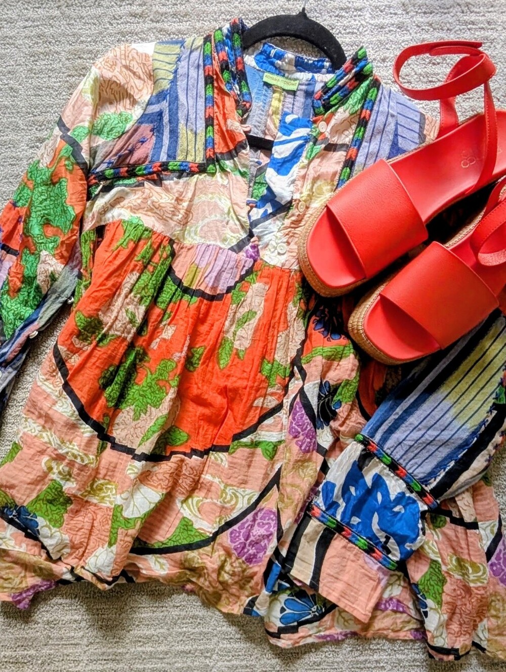 Colorful Mixed-Print Long Sleeve Silk/Cotton Peasant Blouse XS